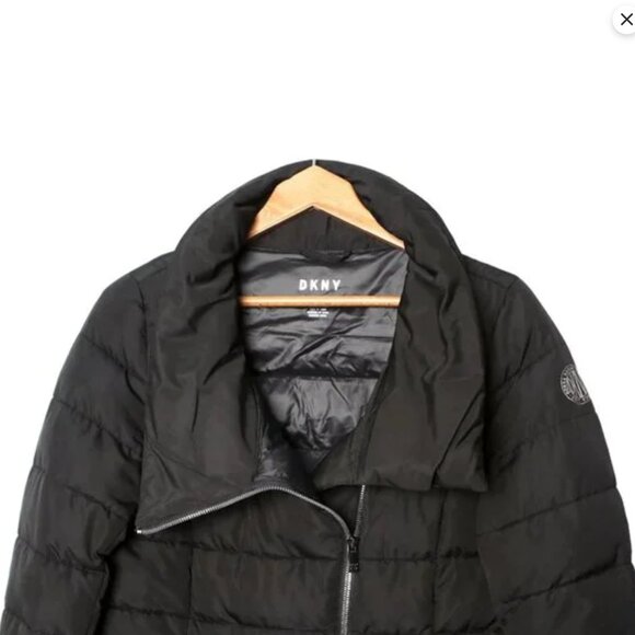 DKNY Asymmetrical Puffer Jacket Packable Winter Coat Hooded Black Pillow Collar - Picture 16 of 16